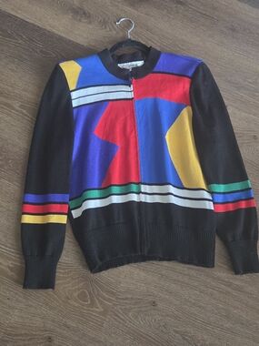 Eric Stevens Vintage Geometric Colorblock Zip Sweater - Black Sz 10